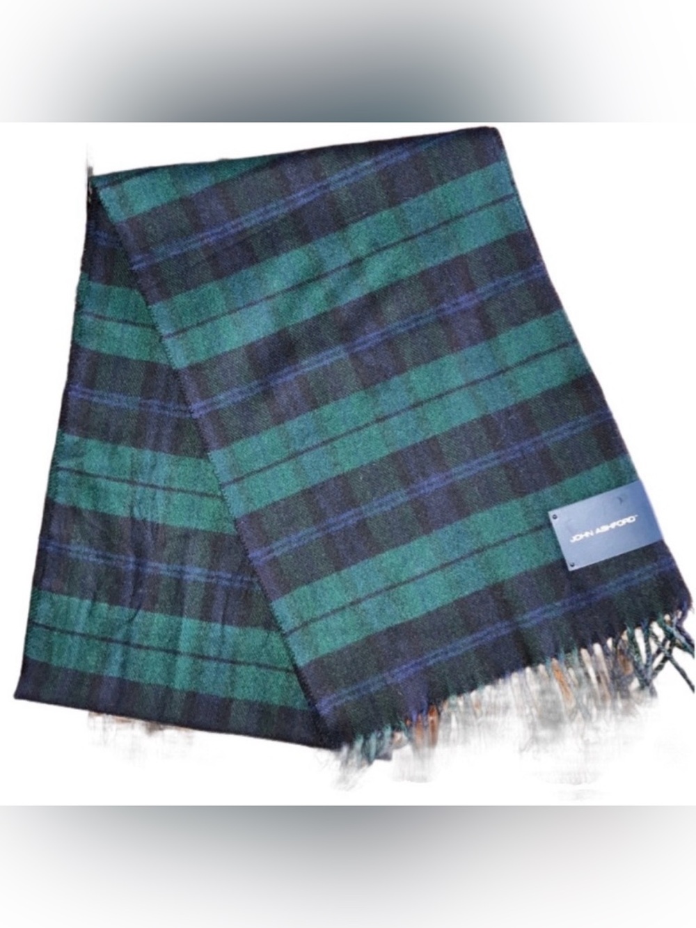 John Ashford Plaid Green Blue Black Fringe Mens Scarf NWT